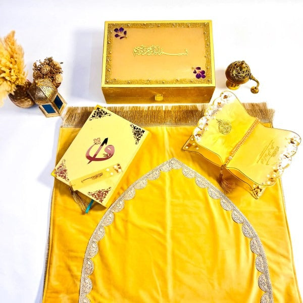 personalised resin Quran hamper in gold with prayer mat, velvet Quran, rehal, and personalized touch.