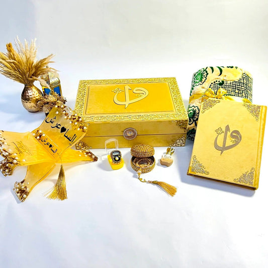 Luxurious golden Islamic Quran gift box with matching resin rehal, tasbih, and velvet Quran for Nikah or Eid gifting.