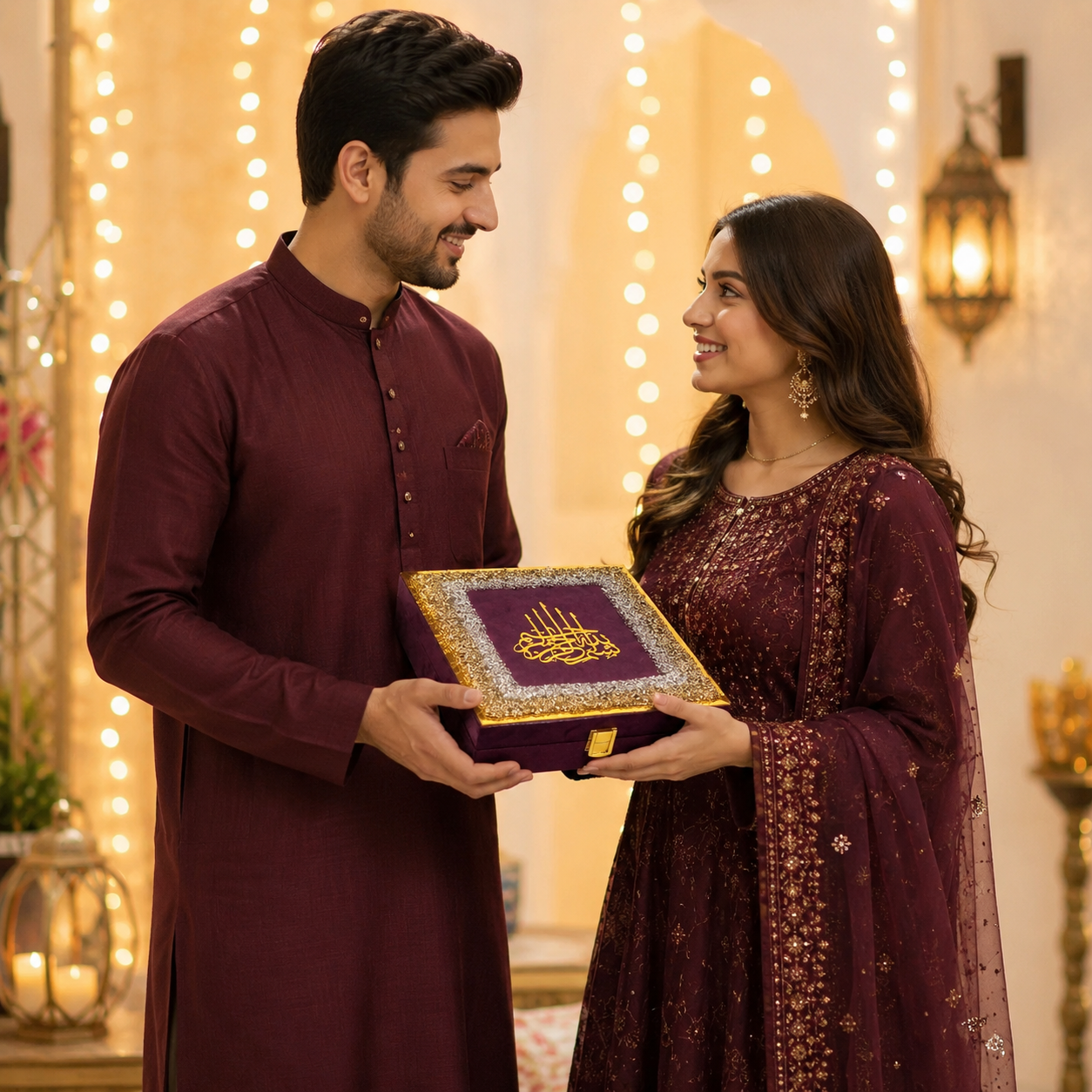 A man and a woman in matching deep maroon traditional outfits hold a decorative purple and gold gift box together in a warmly lit indoor setting with string lights and lanterns.