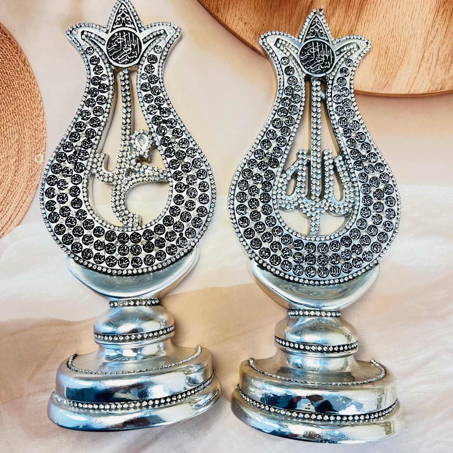 Luxury Silver Islamic Decorative Figurines – Allah & Muhammad Calligraphy Set| Tulip Allah Swt. Muhammad PBUH Esmaul Husna.