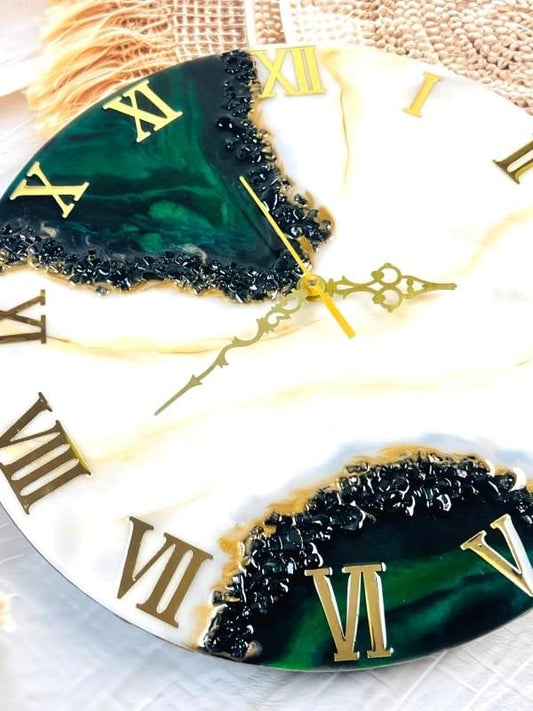 Handmade Resin Art Wall Clock – Modern Home Décor with Natural Stones (16 Inches).