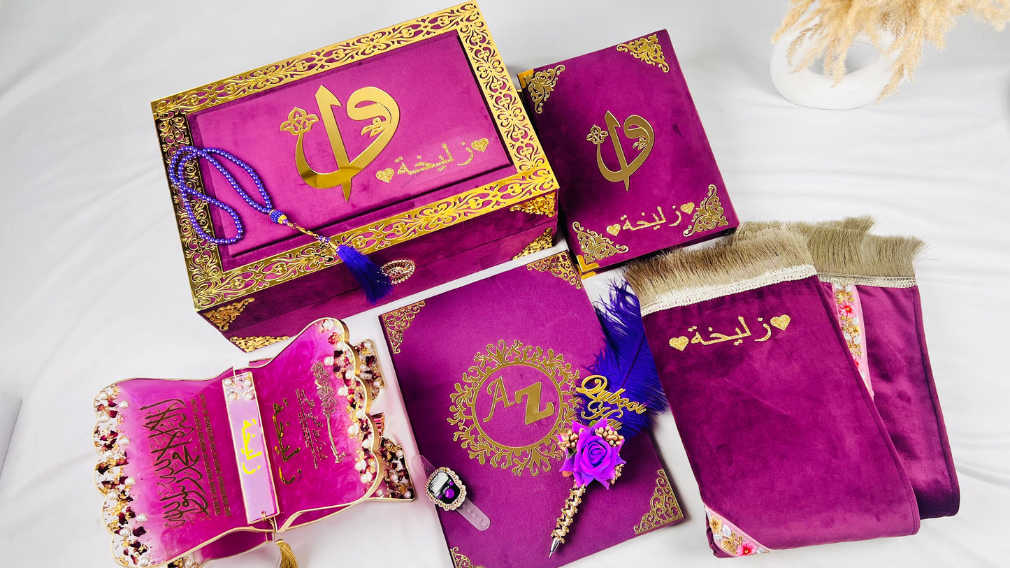 Al-Hadaya Purple Nikkah Set | Luxury Islamic Wedding Hamper with Qur’an, Tasbeeh & Prayer Essentials| Full Hamper Set