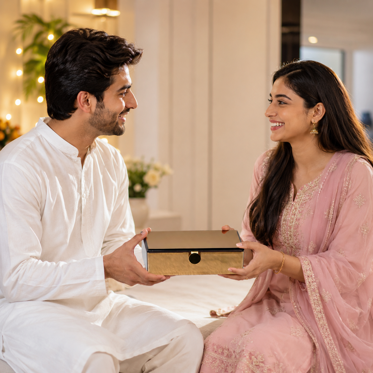 A man in a white traditional outfit and a woman in a pink embroidered traditional outfit are sitting indoors and smiling at each other while holding a small rectangular gift box.