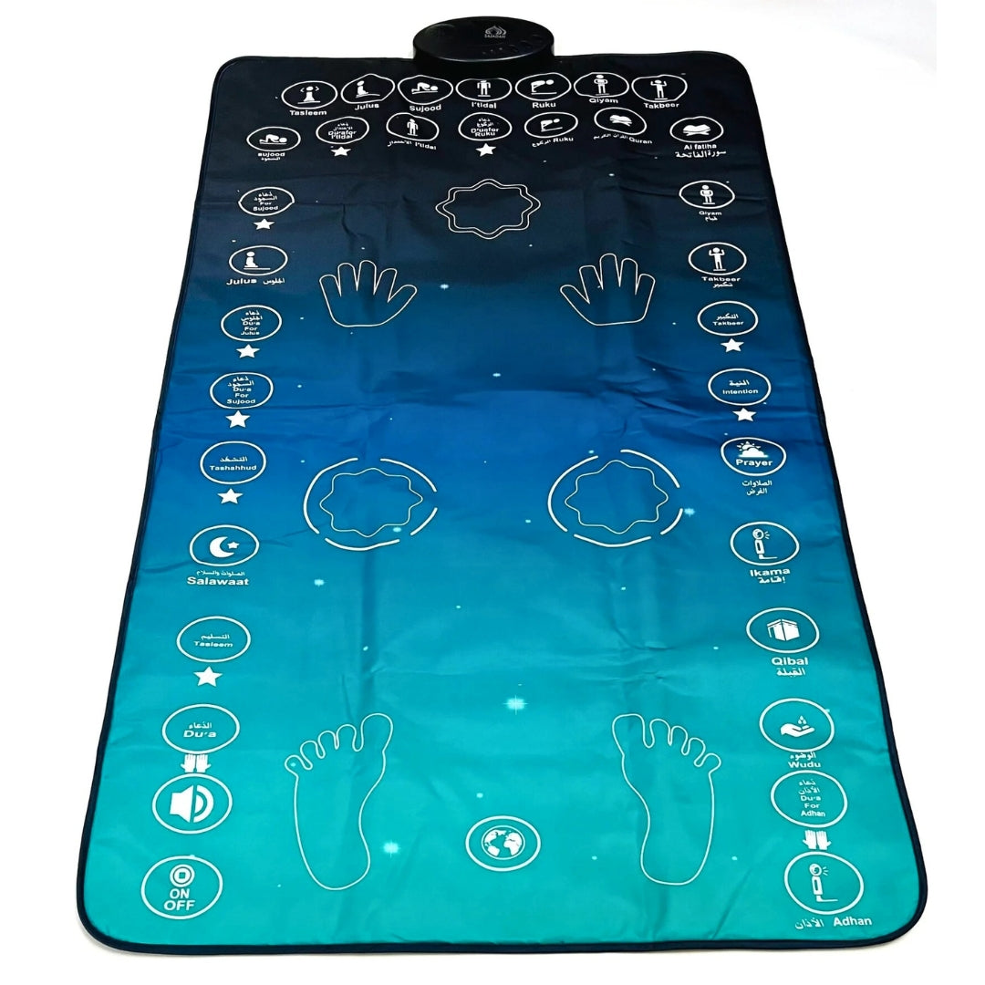 Interactive Smart Prayer Mat MY SALAH with touch-sensitive keys and light guidance for learning Salah.