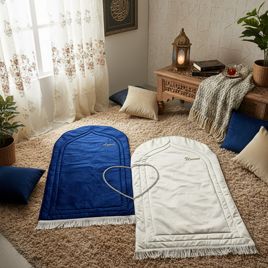 Luxury couple prayer mat set in blue and white, made with premium velvet for durability and softness, perfect Islamic gift for shared worship