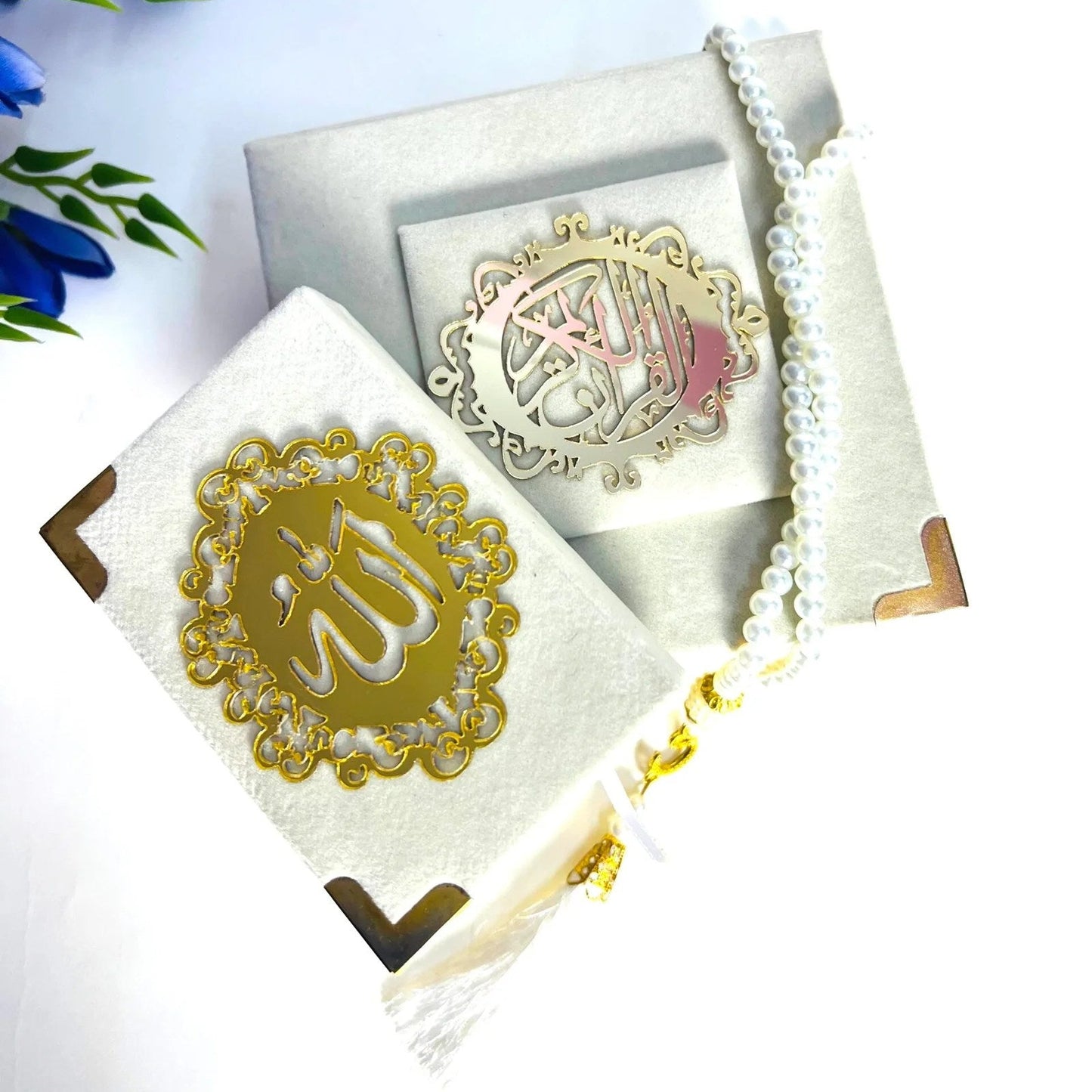 Elegant Islamic mini Quran gift set with pearl tasbih and velvet packaging.
