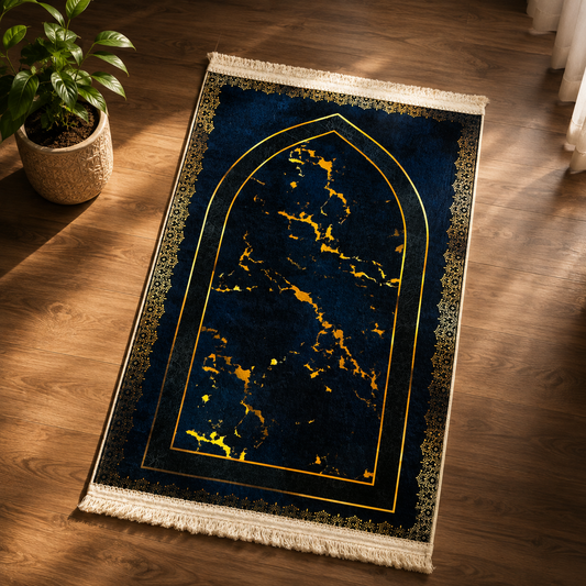 Premium navy blue Turkish prayer mat with gold marble design, luxury velvet Janamaz by AL-HADAYA