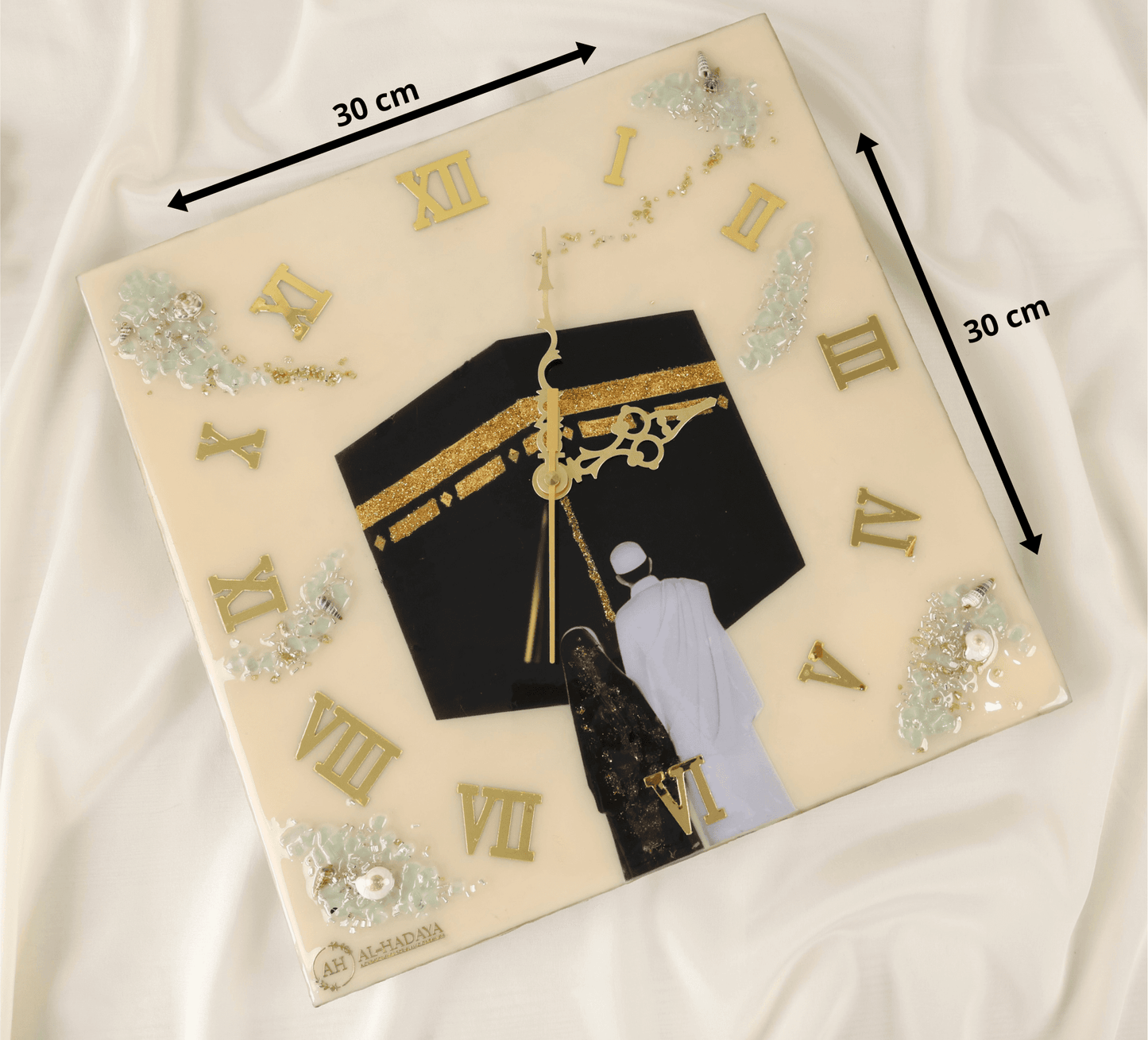personalised Kaaba couple wall clock 12x12 inch, resin Islamic art with natural stones, customisable names and dates, perfect Islamic wedding or anniversary gift.