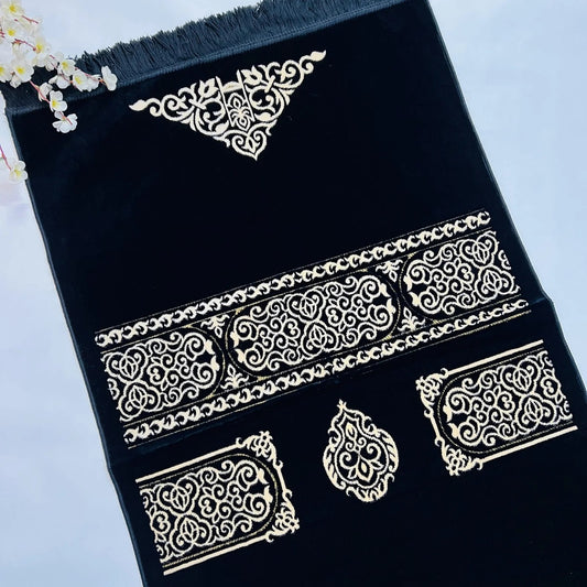 Soft black and golden Muslim prayer mat inspired by Kaaba Kiswa for Ramadan and Eid