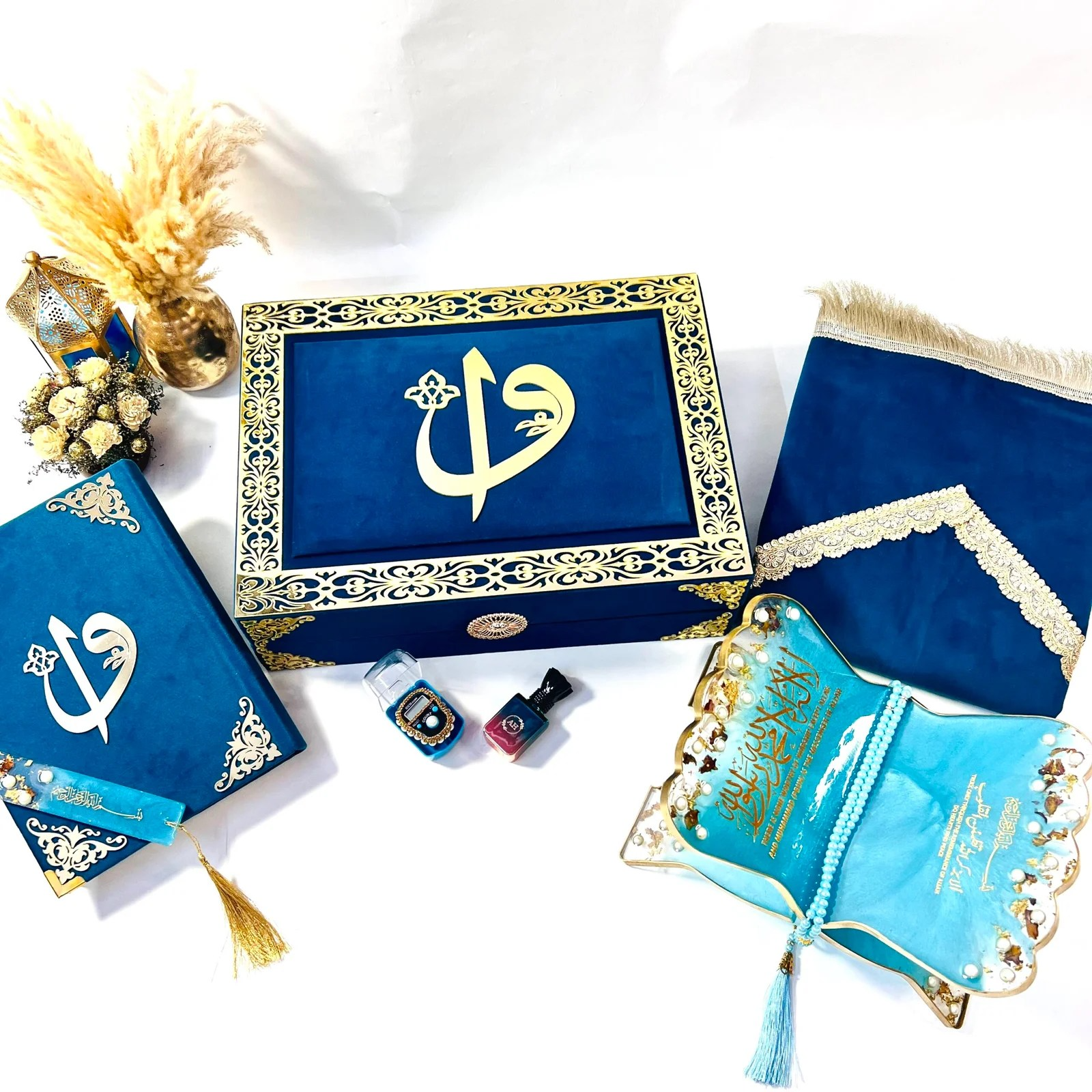 Elegant Islamic Quran box set in turquoise with matching resin rehal, tasbih, and velvet Quran for Nikah or Eid gifts.