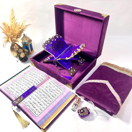 Luxurious purple Islamic Quran gift box with matching resin rehal, tasbih, and velvet Quran for Nikah or Eid gifting.
