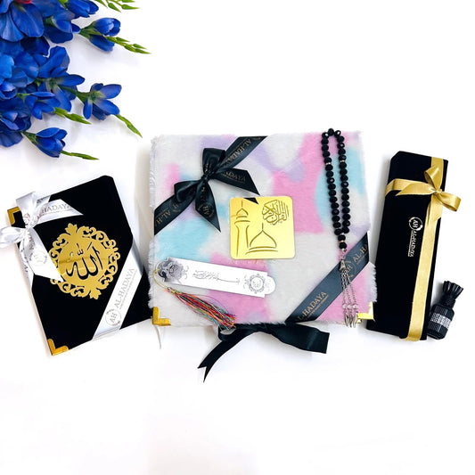 Luxurious rainbow themed soft fur Quran gift box with black velvet Quran and crystal tasbih.