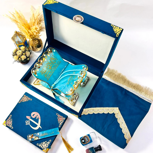 Luxurious turquoise velvet Quran gift hamper by Al-Hadaya, perfect for Ramadan or spiritual gifting.