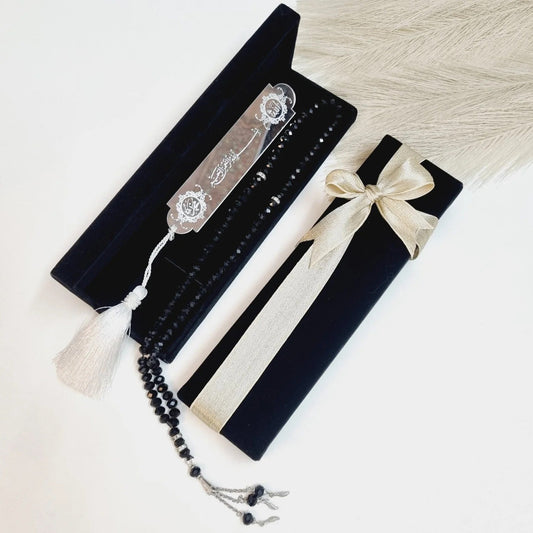 Elegant Islamic gift set featuring black velvet box, crystal prayer beads, and acrylic bookmark.