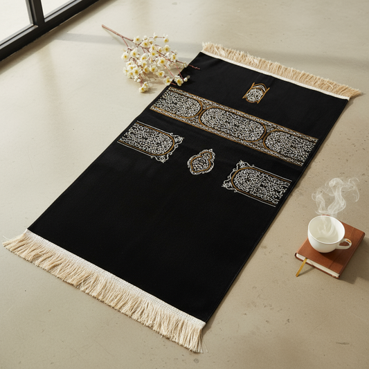 Luxury Chenille Kiswa Kaaba inspired Islamic prayer rug, premium comfortable black Muslim prayer mat for daily Salah and gifting.
