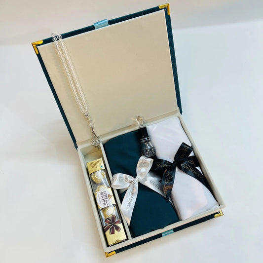 His and Her Nikah gift set with velvet box, halal attar, and Ferrero Rocher chocolates.