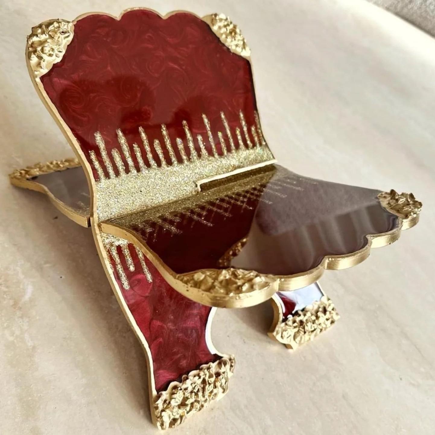 maroon and golden Islamic book stand made of premium resin for Quran display and home decor