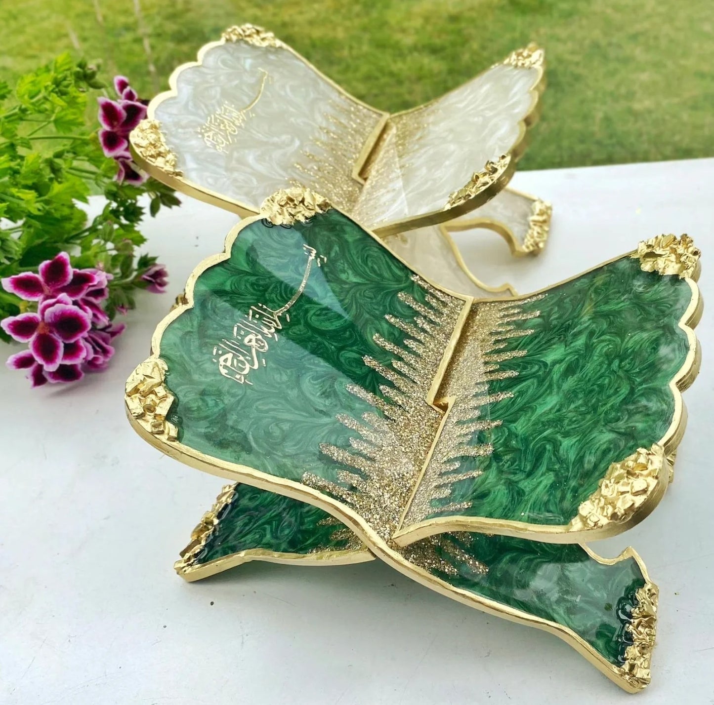 Handmade resin green and off white Quran holder with intricate pressed flower design, perfect Ramadan gift