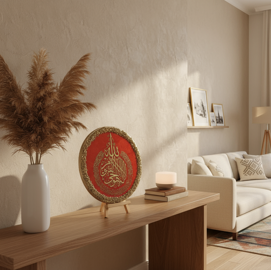 Gold and red resin Ayatul Kursi frame displayed on table with modern aesthetic
