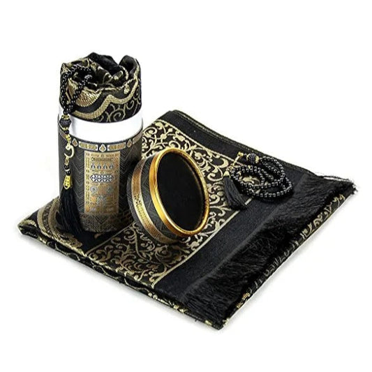 Kaaba design cylinder gift box with Muslim prayer rug and tasbih