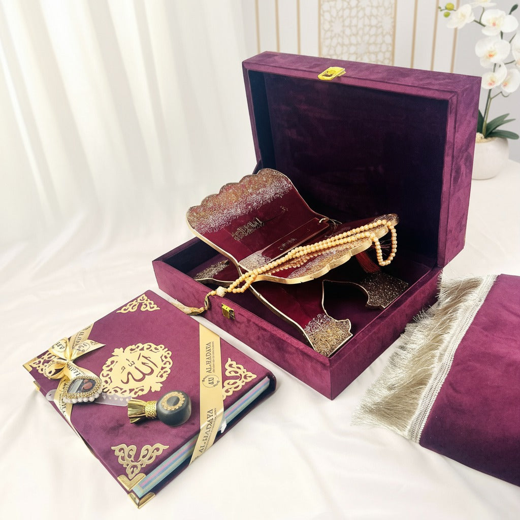 Luxury Islamic Quran gift set in deep wine shade with resin rehal and premium attar.