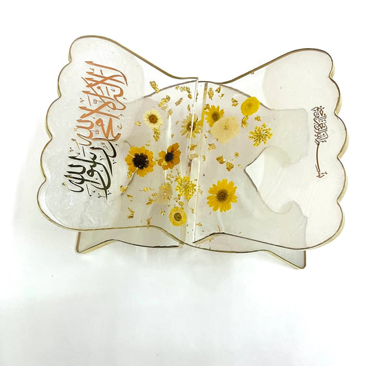 “Luxury resin Quran holder with dried flowers – custom Islamic rehal gift”