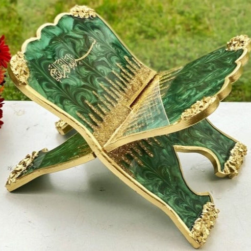 green and golden Portable and durable resin Quran holder, ideal for recitation and gifting