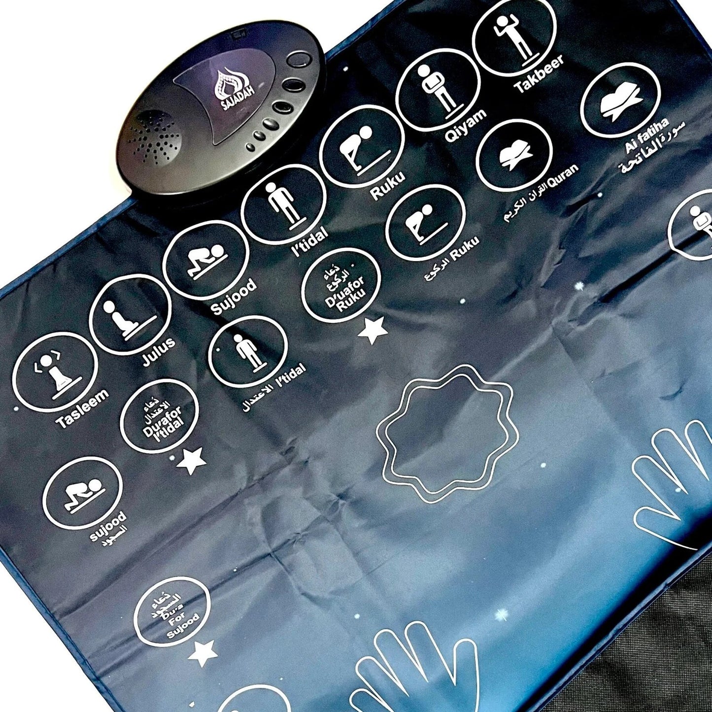 MY SALAH interactive mat with 35 touch keys and light indicators for step-by-step guided prayer.