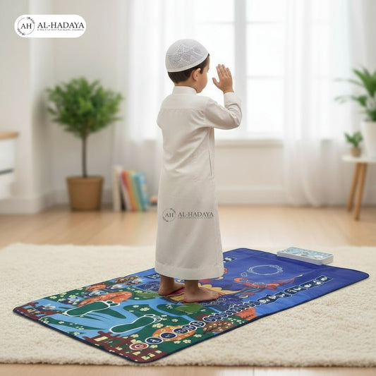 Smart educational electronic Salah mat showing Surah learning and audio instructions for kids.