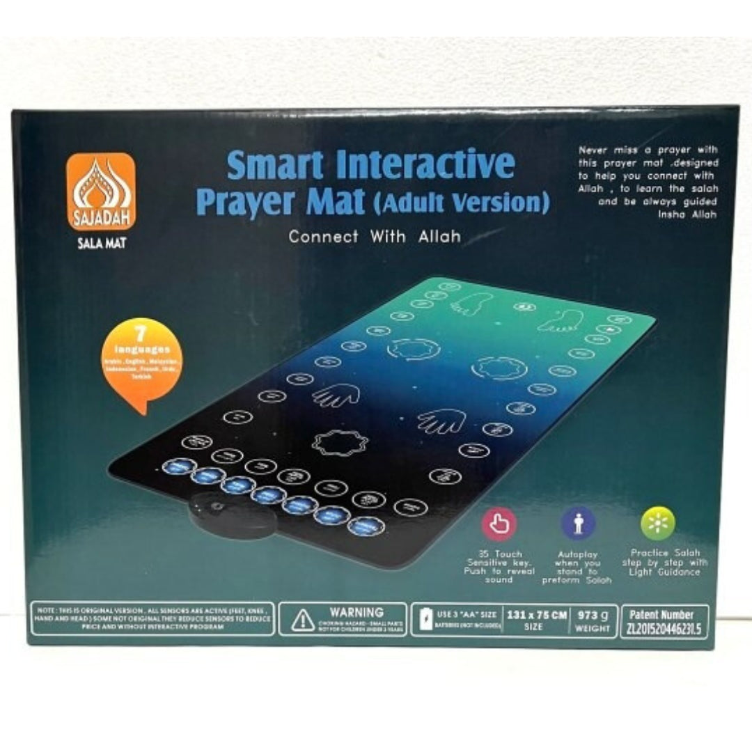 MY SALAH interactive mat with 35 touch keys and light indicators for step-by-step guided prayer.