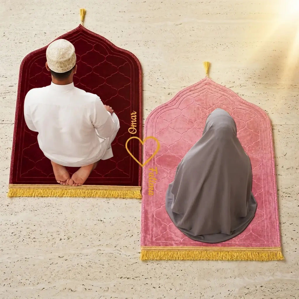 Personalized Maroon and Pink Velvet Couple Prayer Mat Set with Gold Calligraphy