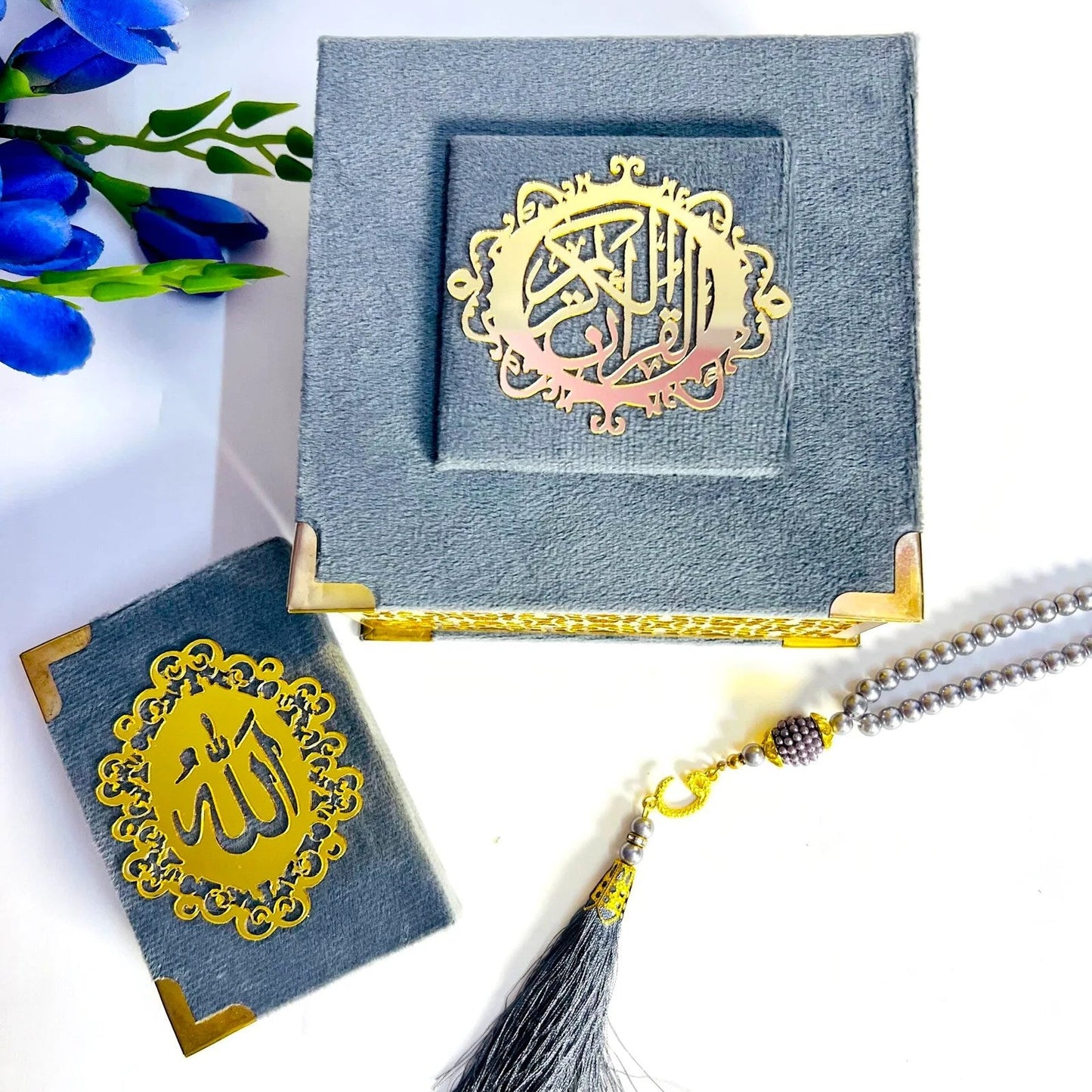 Mini Grey Quran set in velvet box – perfect Islamic favor gift.