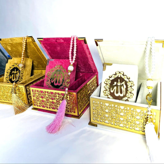 Personalized velvet Quran box with 99 beads tasbih for Eid or wedding gift.