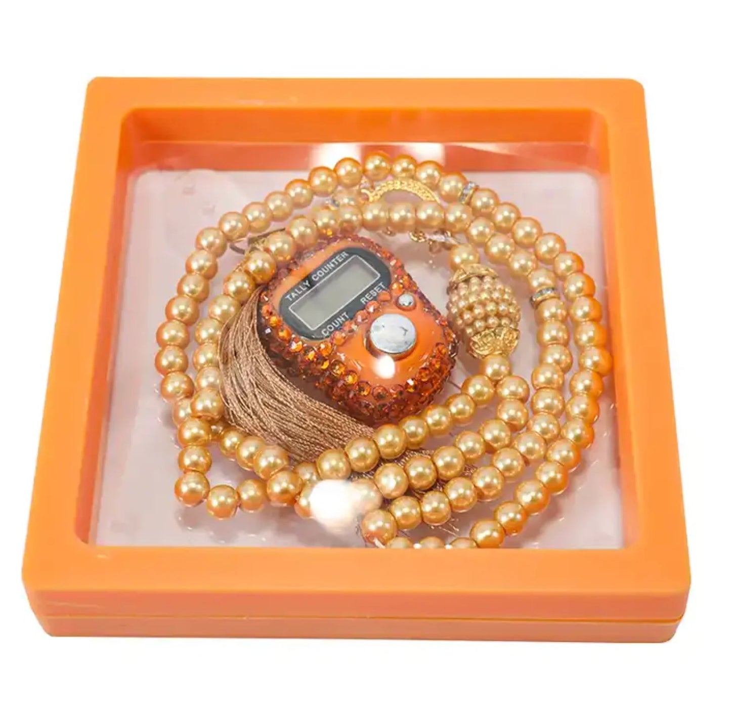 Luxury Yellow & orange Muslim Tasbeeh Gift – 99 Bead Prayer Beads in Transparent Box with Counter
