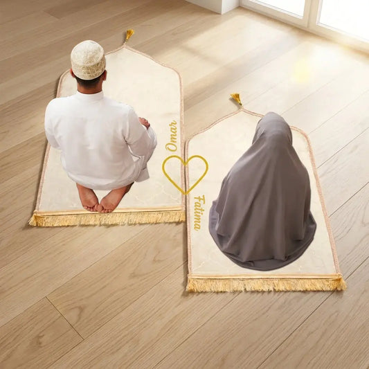 Personalized Couple Prayer Mat Set Off White Velvet Dome Janamaz