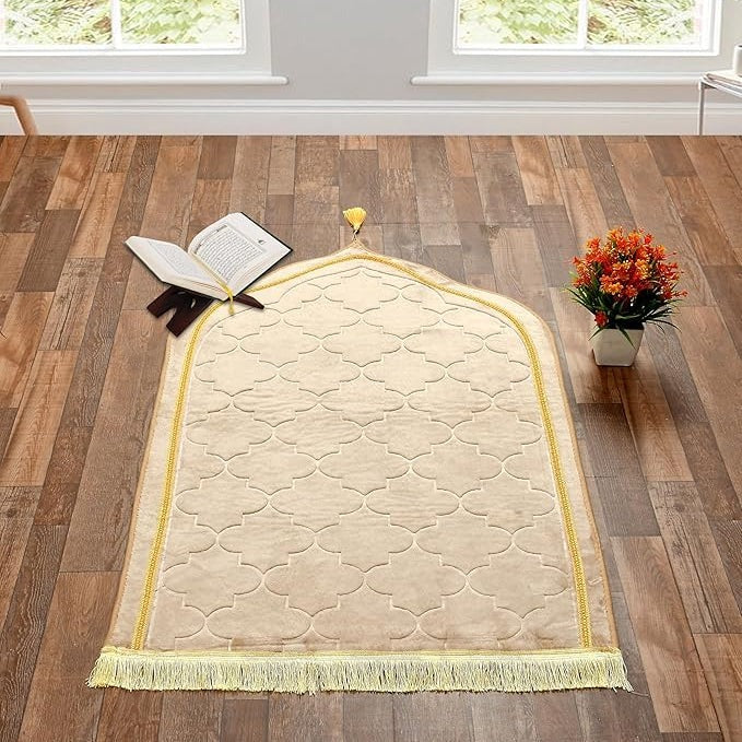 pearl white or off white velvet thick prayer mat with dome pattern and gold lace border, soft and elegant design.
