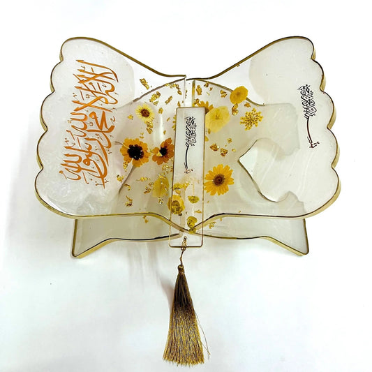 “Personalised Resin Quran Stand with Bookmark – Handmade Floral Rehal by Al-Hadaya”