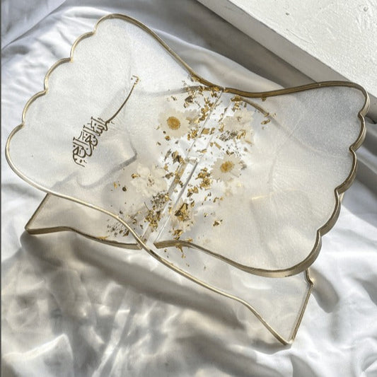“Personalised handmade resin Quran stand with pressed flowers”