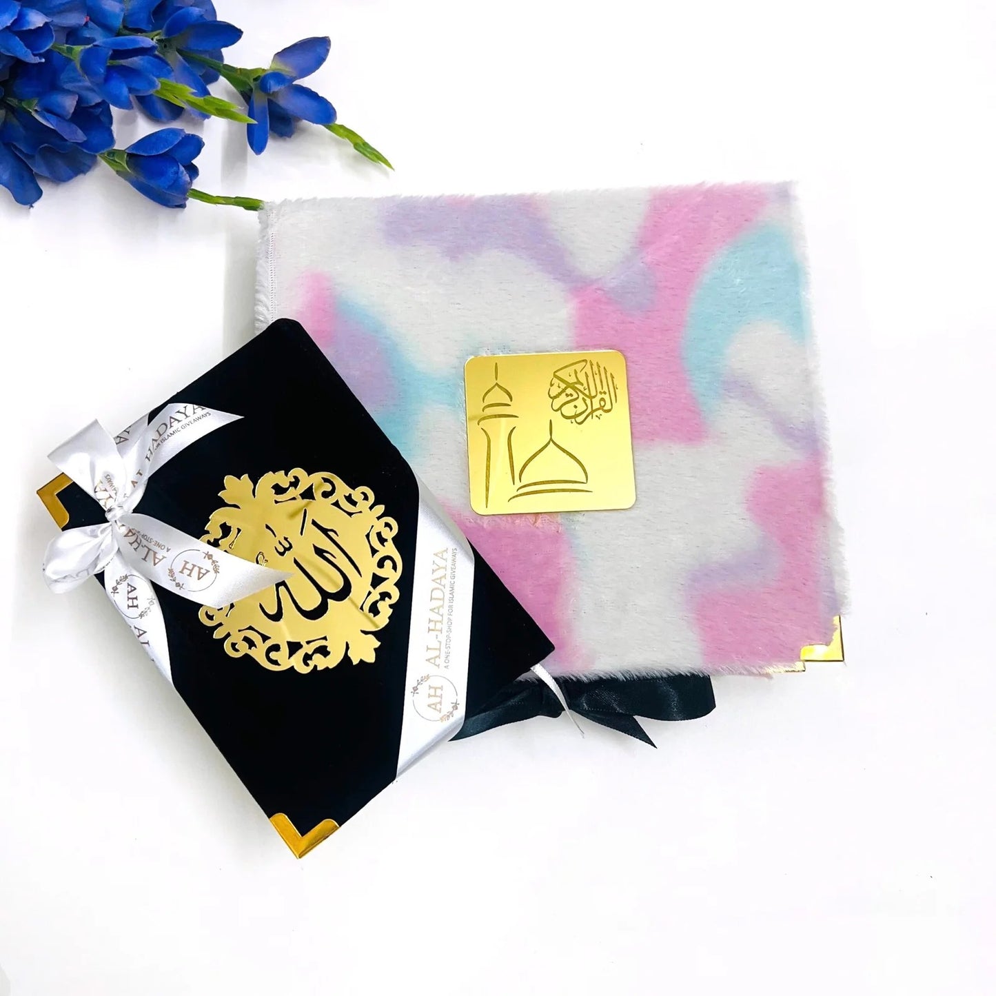Luxury Islamic velvet Quran set in picturesque rainbow box with golden detailing.