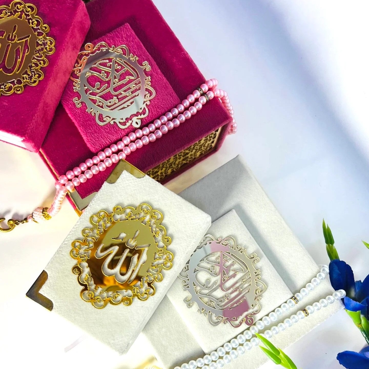 Personalized pink and pearl white velvet Quran box with 99 beads tasbih for Eid or wedding gift.