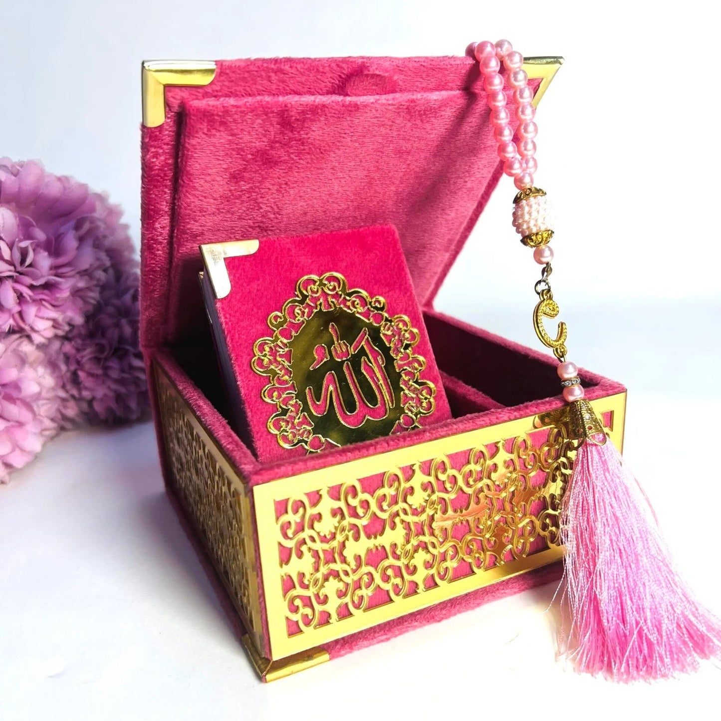 Personalized pink velvet Quran box with 99 beads tasbih for Eid or wedding gift.