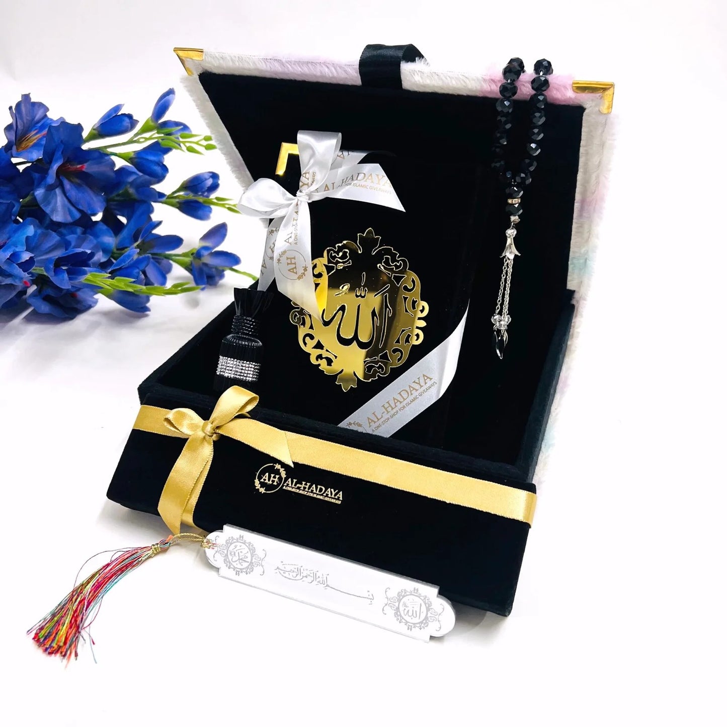 Premium Islamic gift set featuring velvet Quran, halal perfume, and silver Bismillah bookmark.