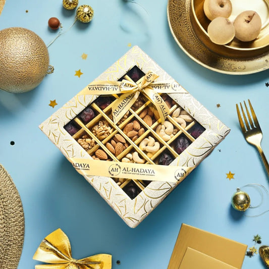 Premium dry fruit gift box with almonds, cashews, dates, and walnuts in elegant packaging