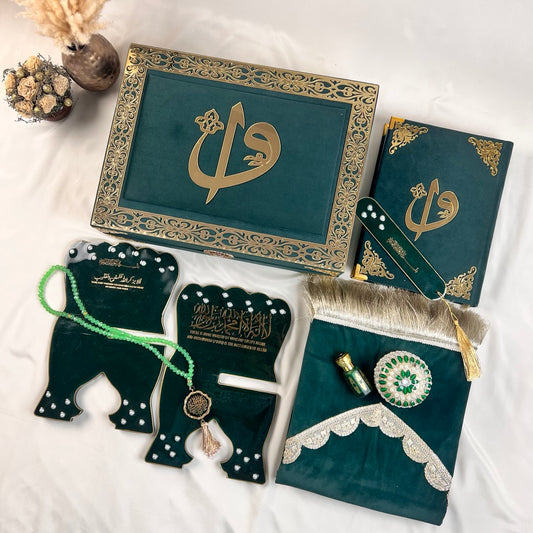 Premium green Quran gift set from Al-Hadayaβs Hubb Al-Iman Collection featuring velvet Quran, Turkish prayer mat, tasbih, and attar.