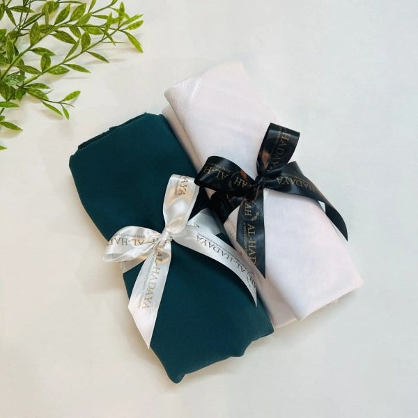 Elegant Islamic wedding gift box for couples with scarves and crystal tasbih.