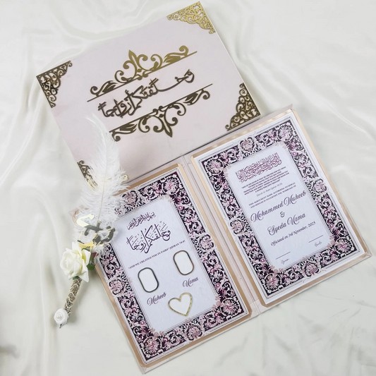 Premium Nikah Nama marriage certificate with Arabic calligraphy, durable quality paper, Islamic motifs, and elegant pen for Islamic wedding ceremonies.