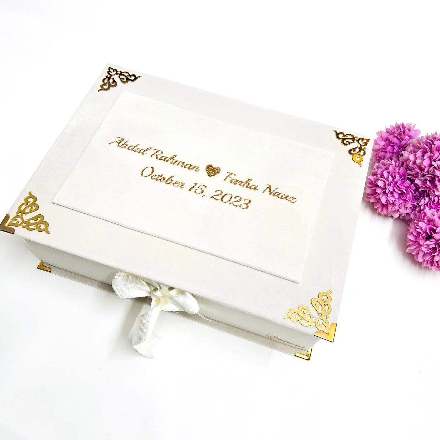 “Elegant personalized Nikah gift box with Islamic frame, Zamzam water, and his-her accessories”