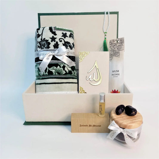 Premium Islamic gift box featuring velvet Quran, tasbih, and Turkish prayer mat
