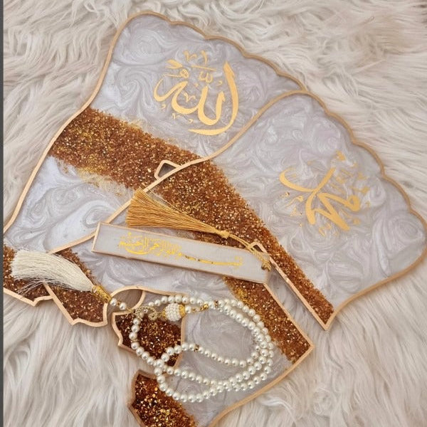 White & gold handmade Quran holder with compact design for small to medium Qurans.