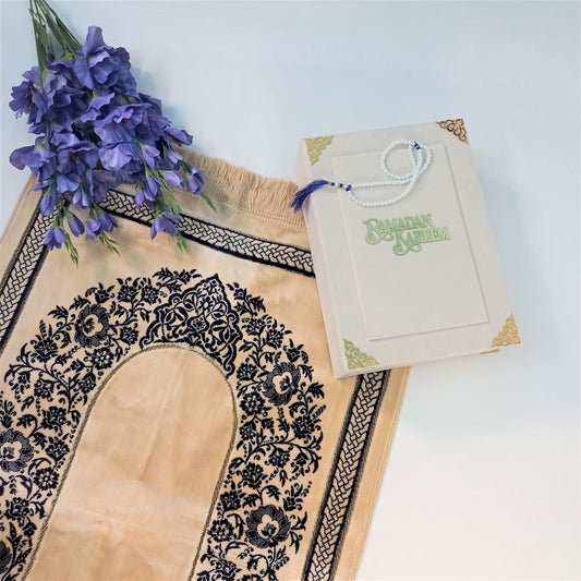 Premium Islamic prayer rug with golden and Turkish blue floral velvet design.